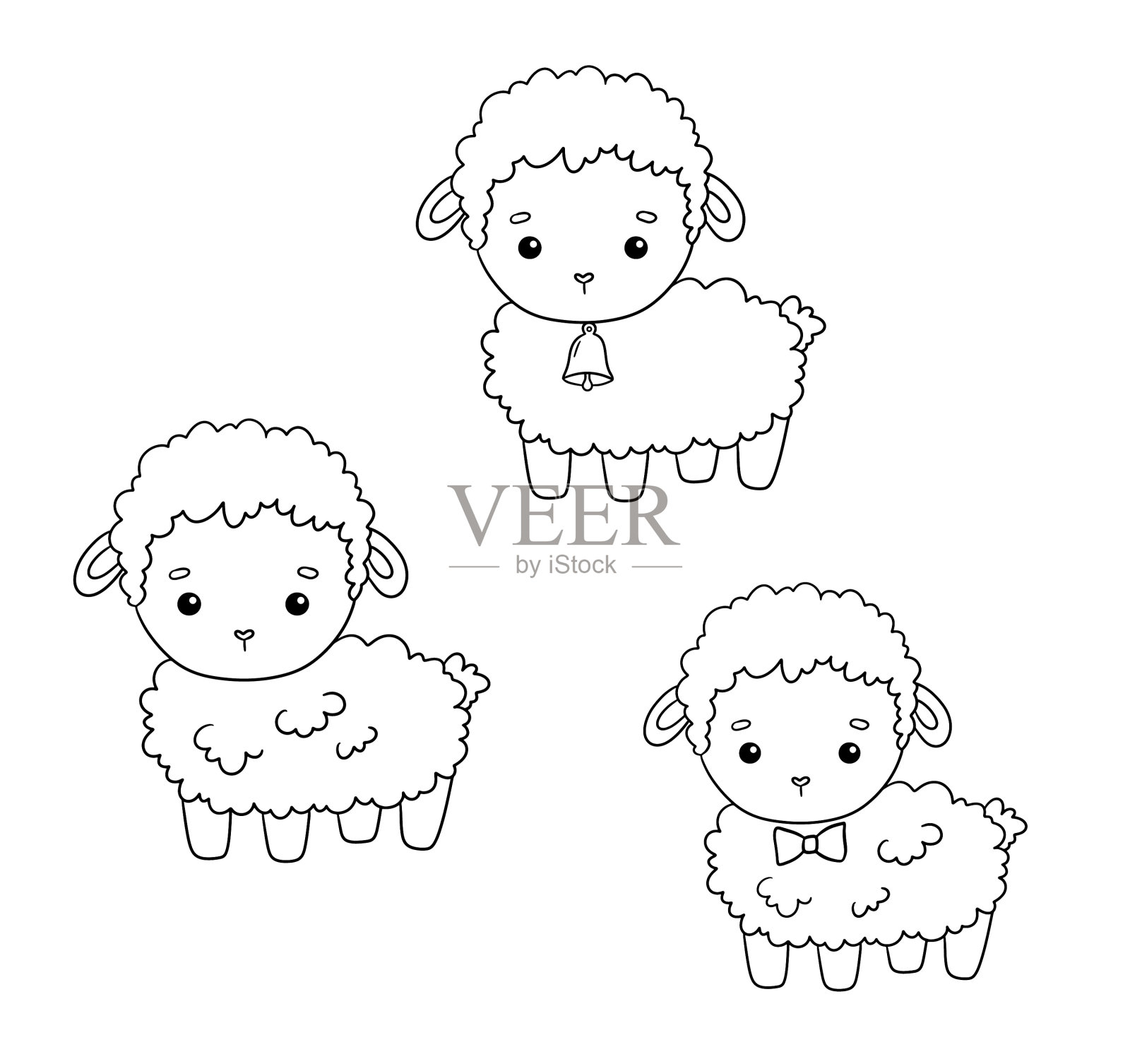 可爱的轮廓羔羊与弓和铃手绘插画图片素材
