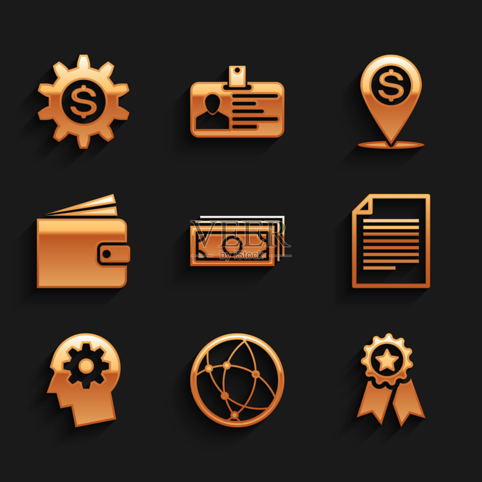集堆栈纸币现金,社会网络,奖章与星,文件,人的头齿轮里面和钱包图标。向量插画图片素材