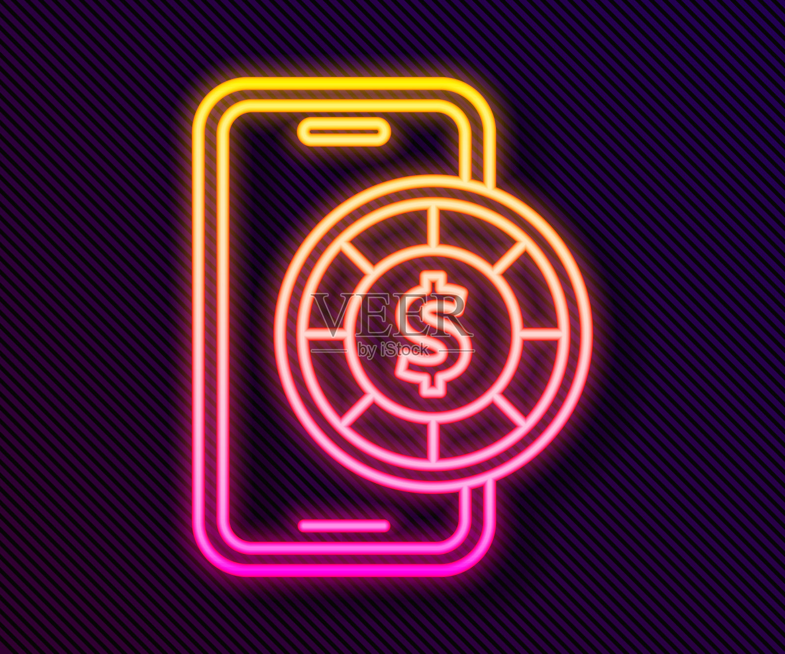 发光的霓虹线在线扑克桌游戏图标孤立的黑色背景。在线赌场。向量插画图片素材