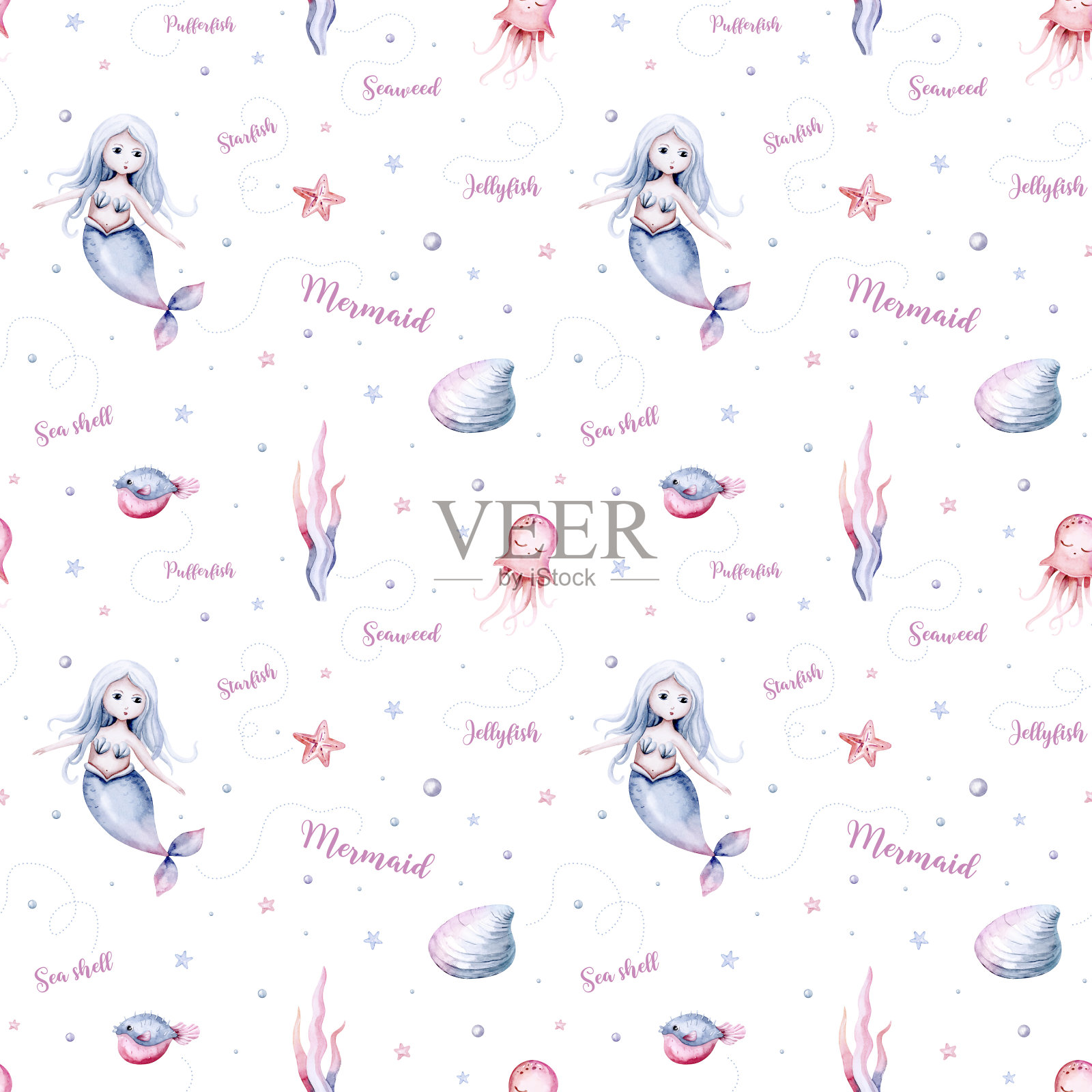 水彩海洋无缝图案与美人鱼,珊瑚,海马和海豚。以海底鲸、独角兽、鱼、水母为背景的儿童房设计和纺织品。插画图片素材