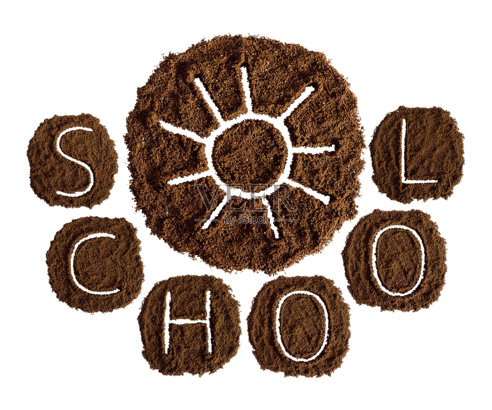 白色背景上用咖啡粉装饰的字母照片摄影图片