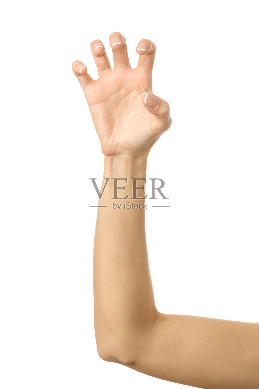 拉、抓、伸手或抓。女人的手势孤立在白色上照片摄影图片