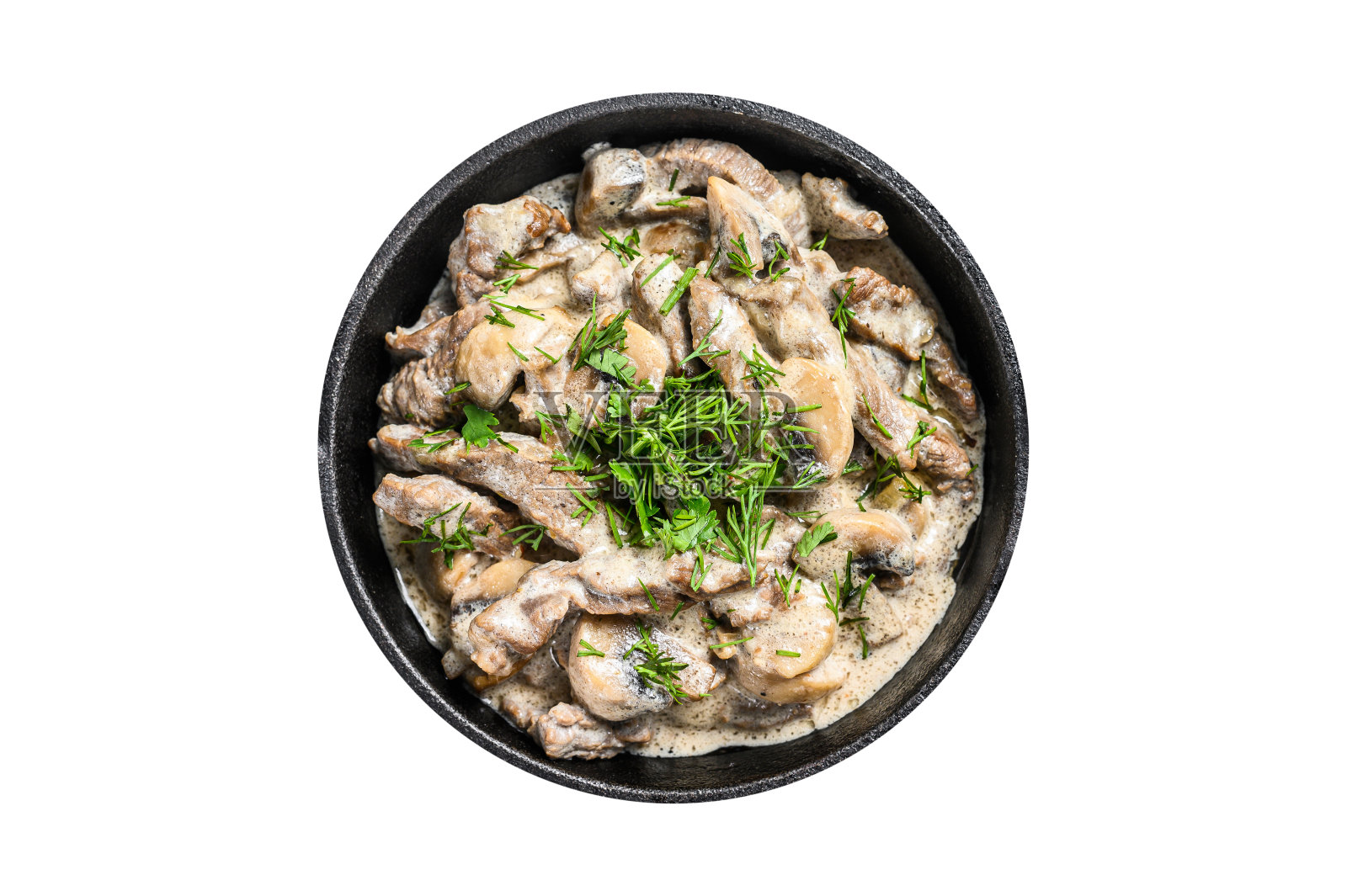 斯特罗加诺夫牛肉配蘑菇和新鲜欧芹。孤立,白色背景。照片摄影图片