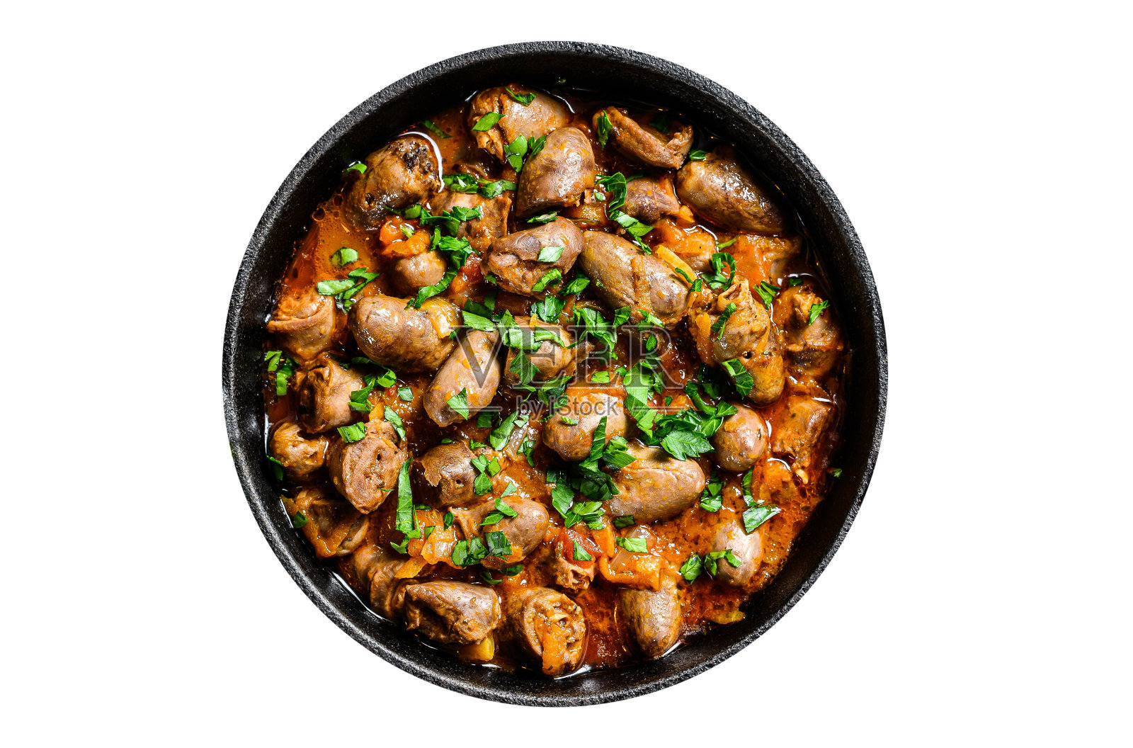 炖鸡心,蔬菜和新鲜的欧芹。隔离,白色背景。照片摄影图片