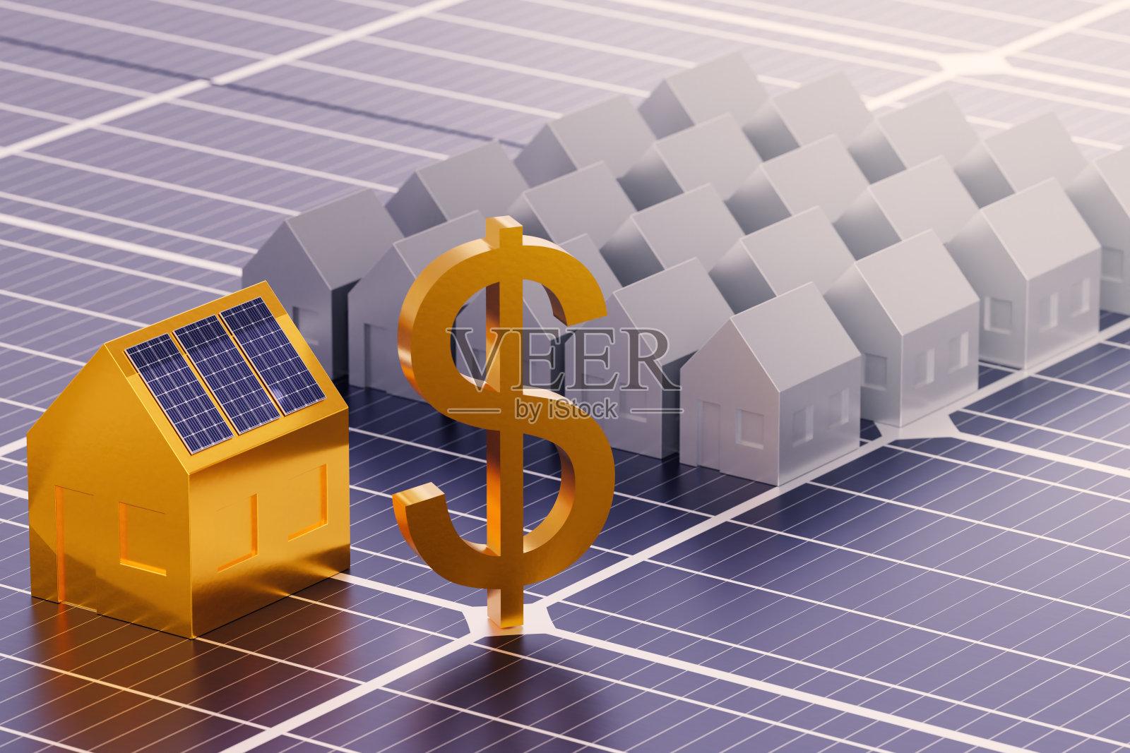 太阳能电池板表面印有美元货币符号。屋顶上有太阳能板的黄金屋模型。照片摄影图片