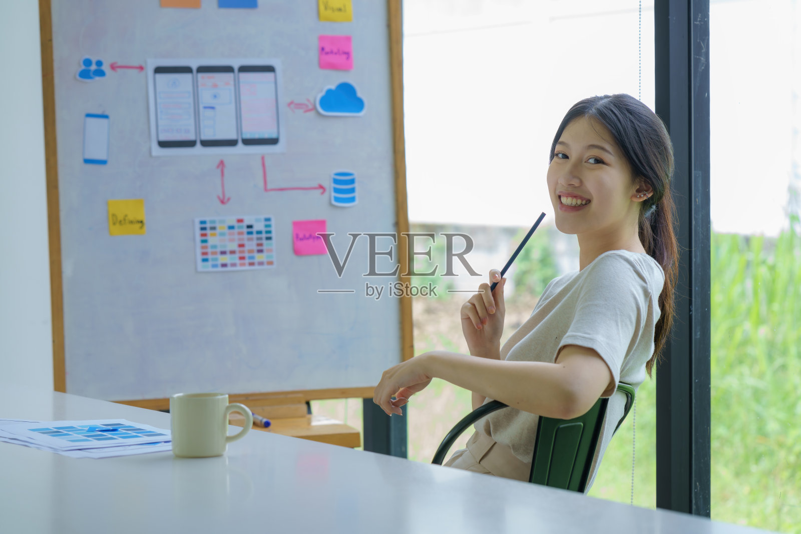 网站设计师或创意女性策划手机应用开发草图模板布局框架线框设计,用户体验设计师思考网页结构概念。照片摄影图片