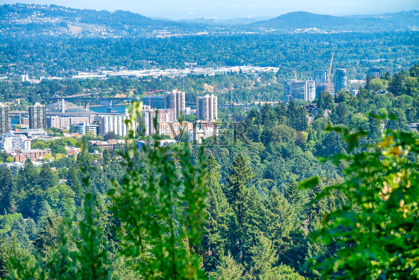 俄勒冈州波特兰天际线的鸟瞰图,这是一个美丽的晴天照片摄影图片