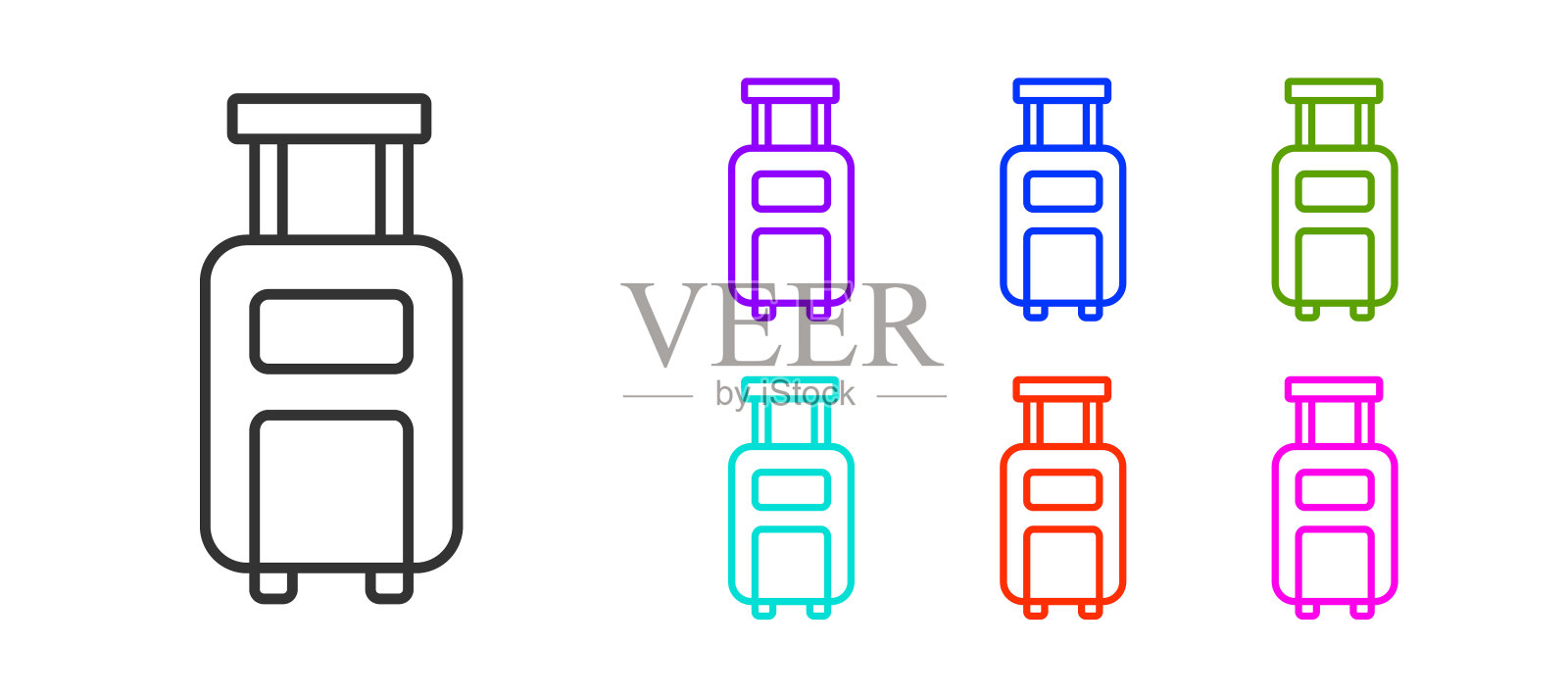 黑线行李箱的旅行图标孤立在白色背景。旅行行李标志。旅行行李图标。设置图标彩色。向量插画图片素材