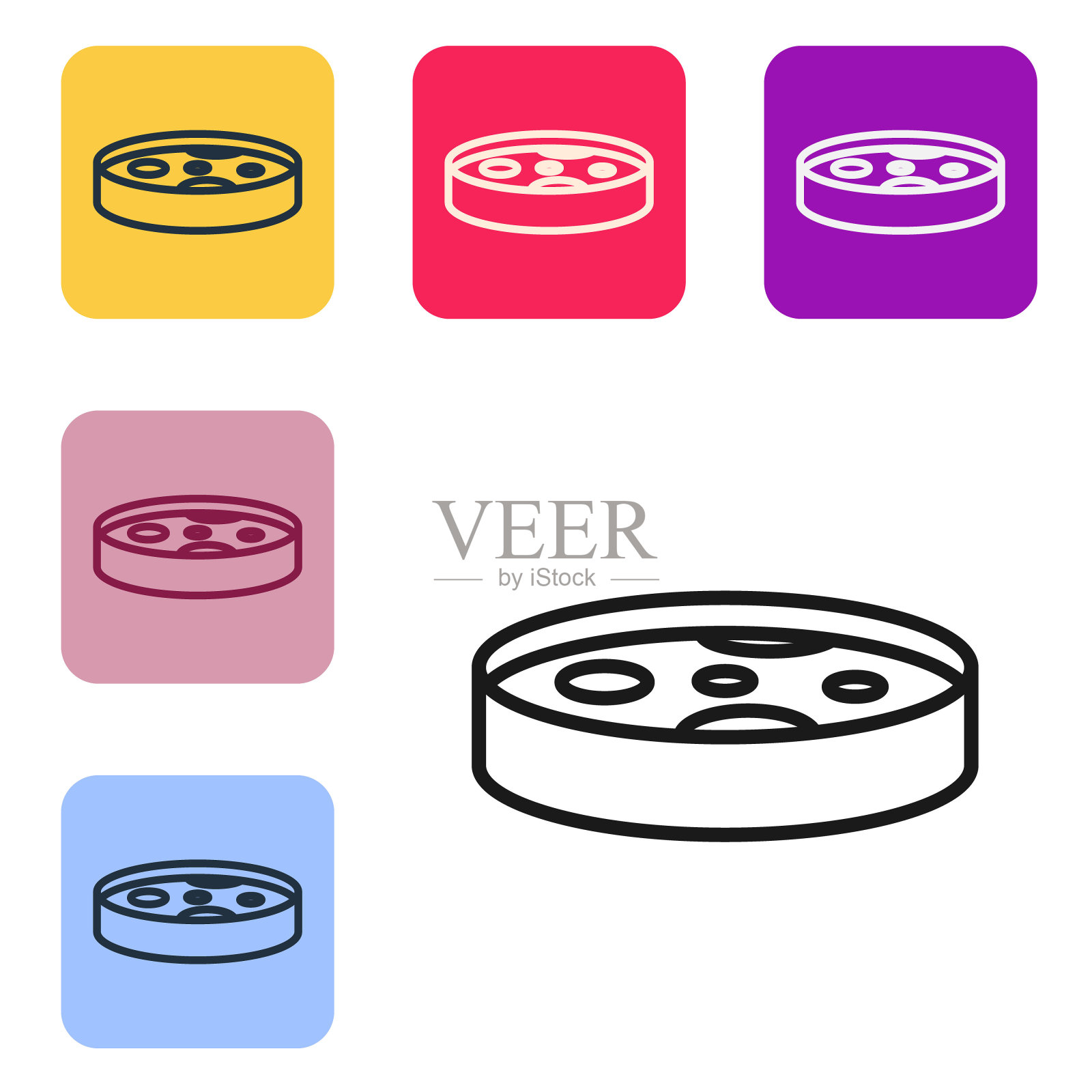 黑线培养皿与细菌图标隔离在白色背景。设置图标为彩色方形按钮。向量插画图片素材