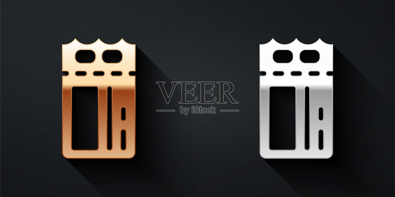 黄金和白银电影票图标孤立的黑色背景。长影式。向量插画图片素材