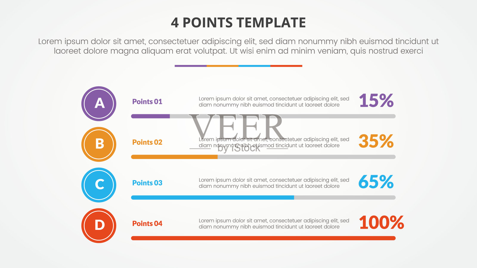 4点阶段模板信息图表概念幻灯片演示与水平条百分比与4点列表与平面风格插画图片素材