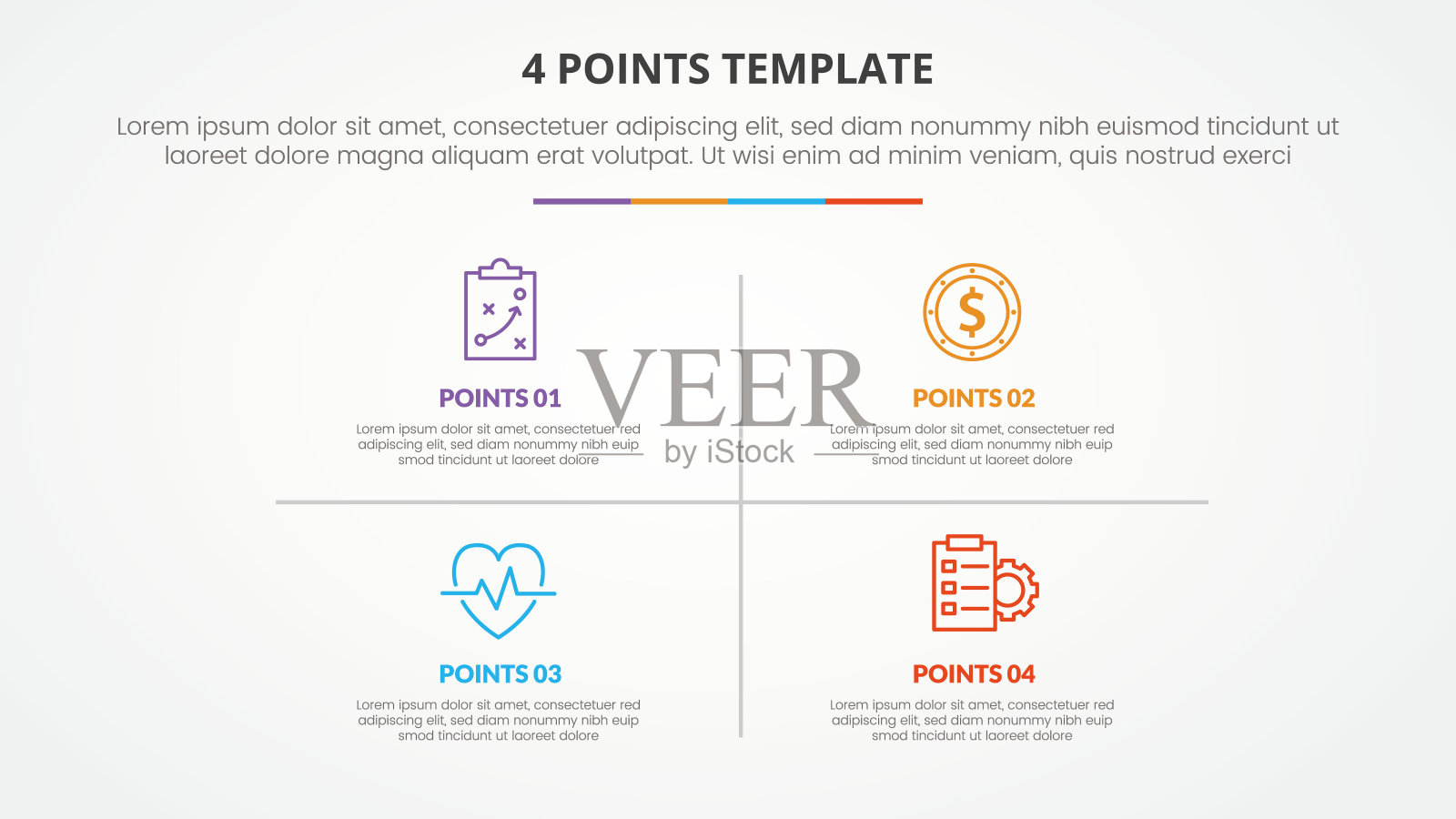 4点阶段模板信息图表概念幻灯片演示与矩阵结构和线条分割与4点列表与平面风格插画图片素材