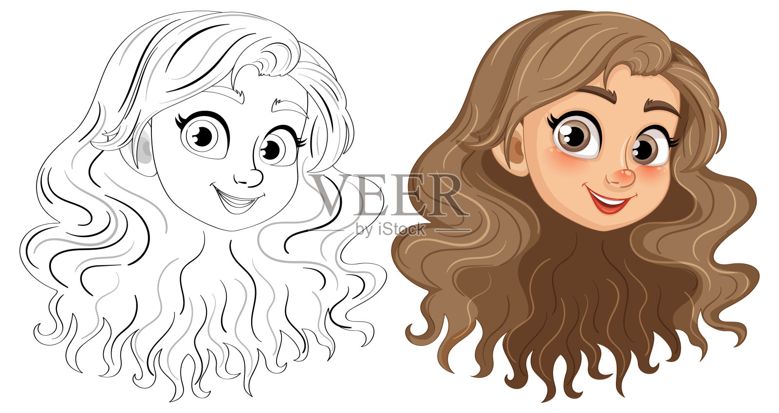 微笑的女孩与美丽的棕色长发插画图片素材