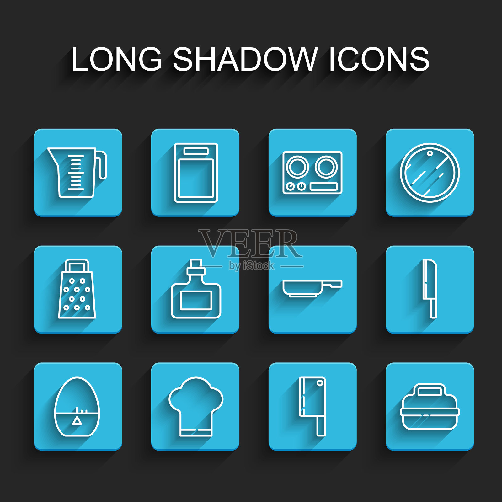 设置线厨房定时器,厨师帽,量杯,肉斩,烹饪锅,酱汁瓶,刀和煎锅图标。向量插画图片素材