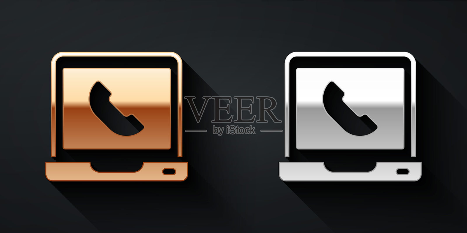 黄金和白银电话24小时支持图标孤立的黑色背景。全天候客户支持呼叫中心。全职呼叫服务。长影式。向量插画图片素材