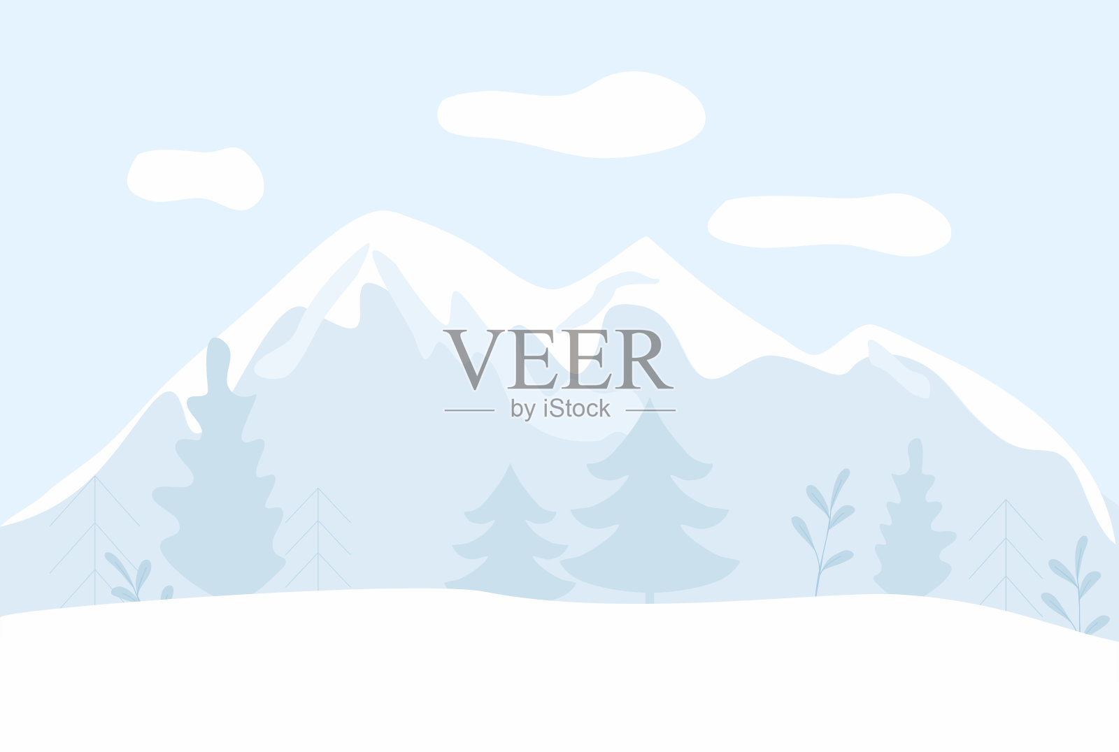冬天下雪的背景与森林和山脉,矢量插画图片素材