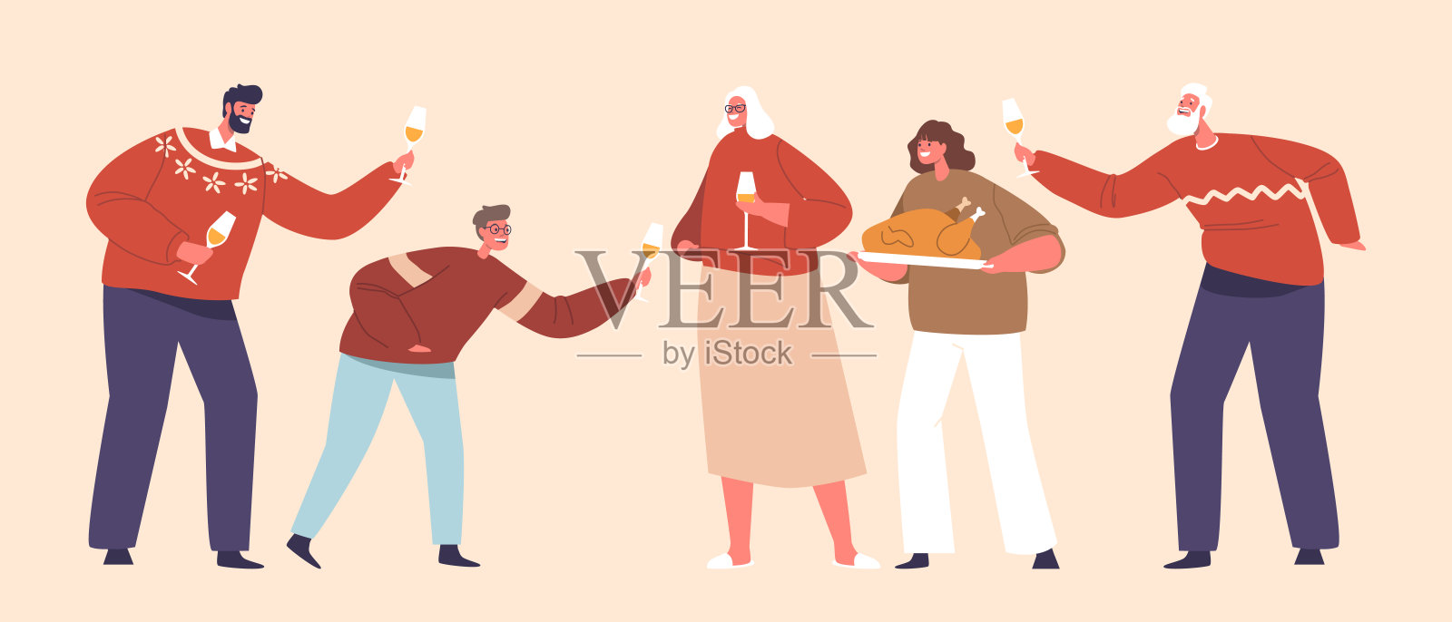 家庭人物与美味的圣诞大餐和香槟酒杯,分享笑声和爱,矢量插图插画图片素材