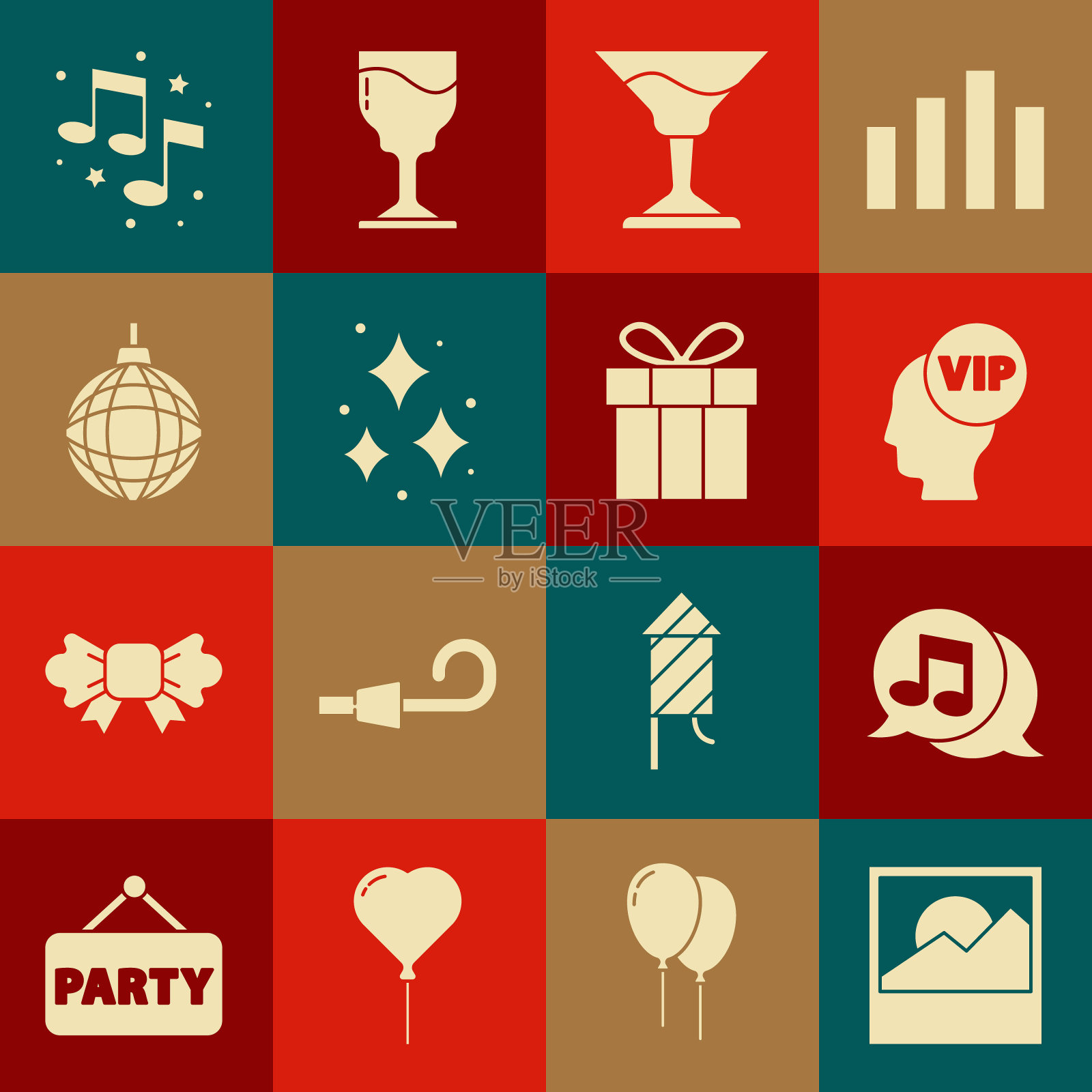 集照片,音符在演讲泡沫,Vip里面的头,鸡尾酒,烟花,迪斯科球,笔记,音调和礼盒图标。向量插画图片素材