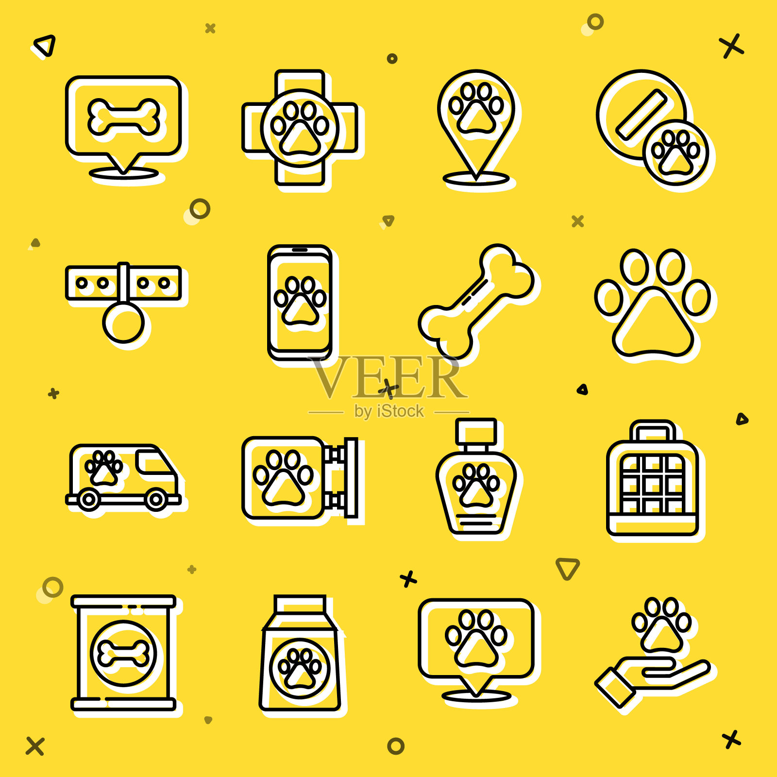 设置线手与动物足迹,宠物手提箱,爪,位置兽医,兽医诊所,项圈名牌,狗骨和图标。向量插画图片素材