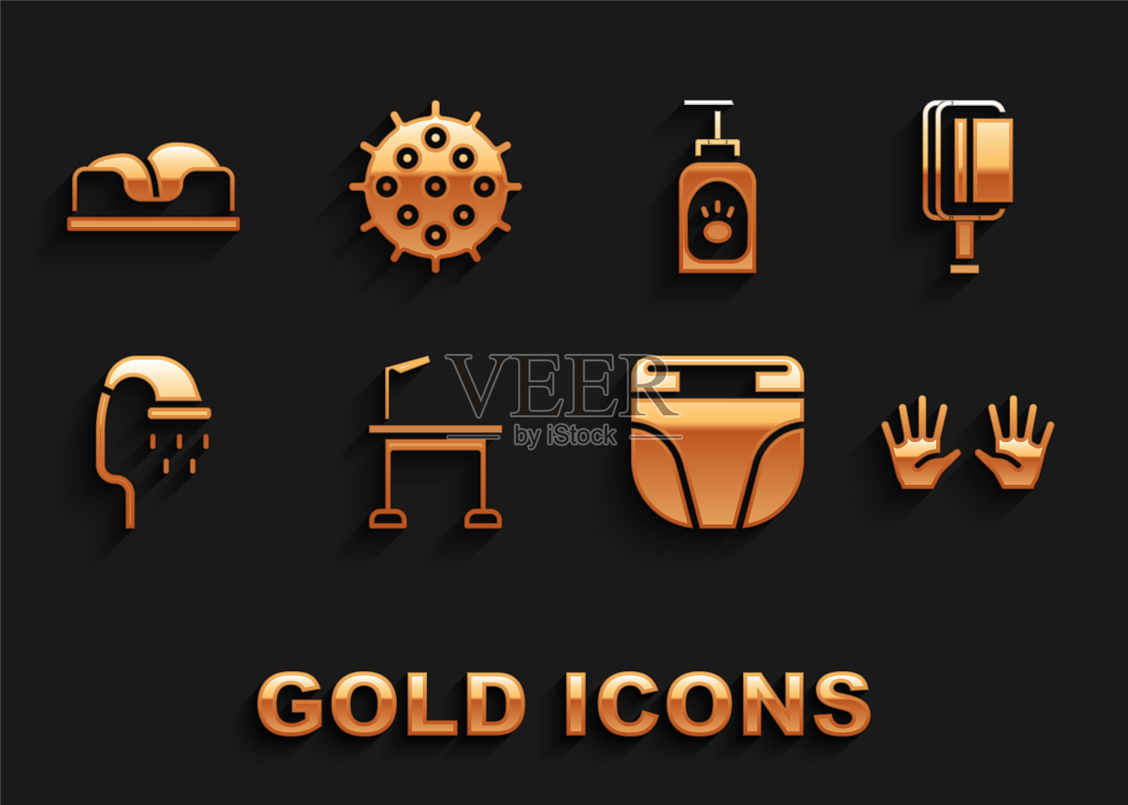 集宠物美容表,毛刷狗和猫,医疗橡胶手套,尿布,淋浴,洗发水,床和网球图标。向量插画图片素材