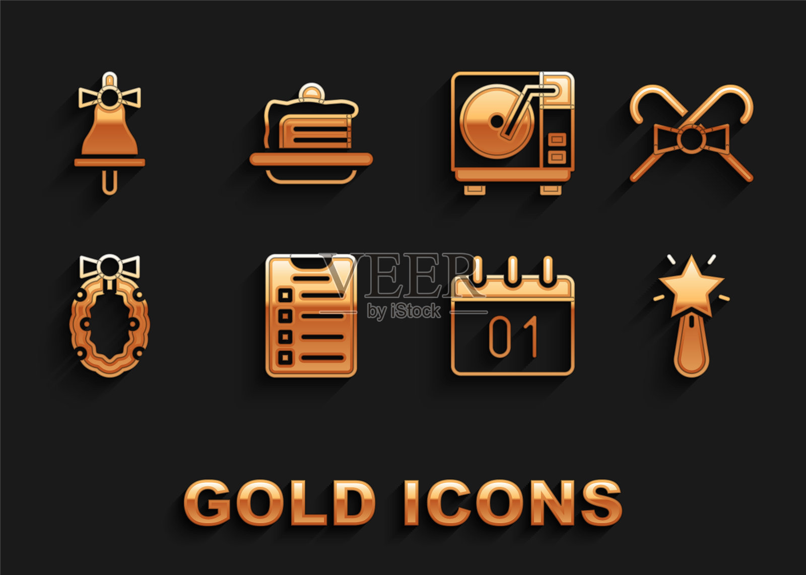 设定新年目标清单,圣诞糖果手杖,星星,日历,花环,乙烯基播放器与乙烯基光盘,快乐的铃声和蛋糕图标。向量插画图片素材