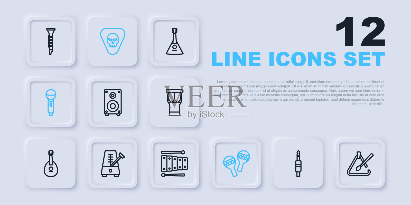 设置线音频插孔,三角乐器,立体声扬声器,沙球,麦克风,节拍器与钟摆,吉他拨片和木琴图标。向量插画图片素材