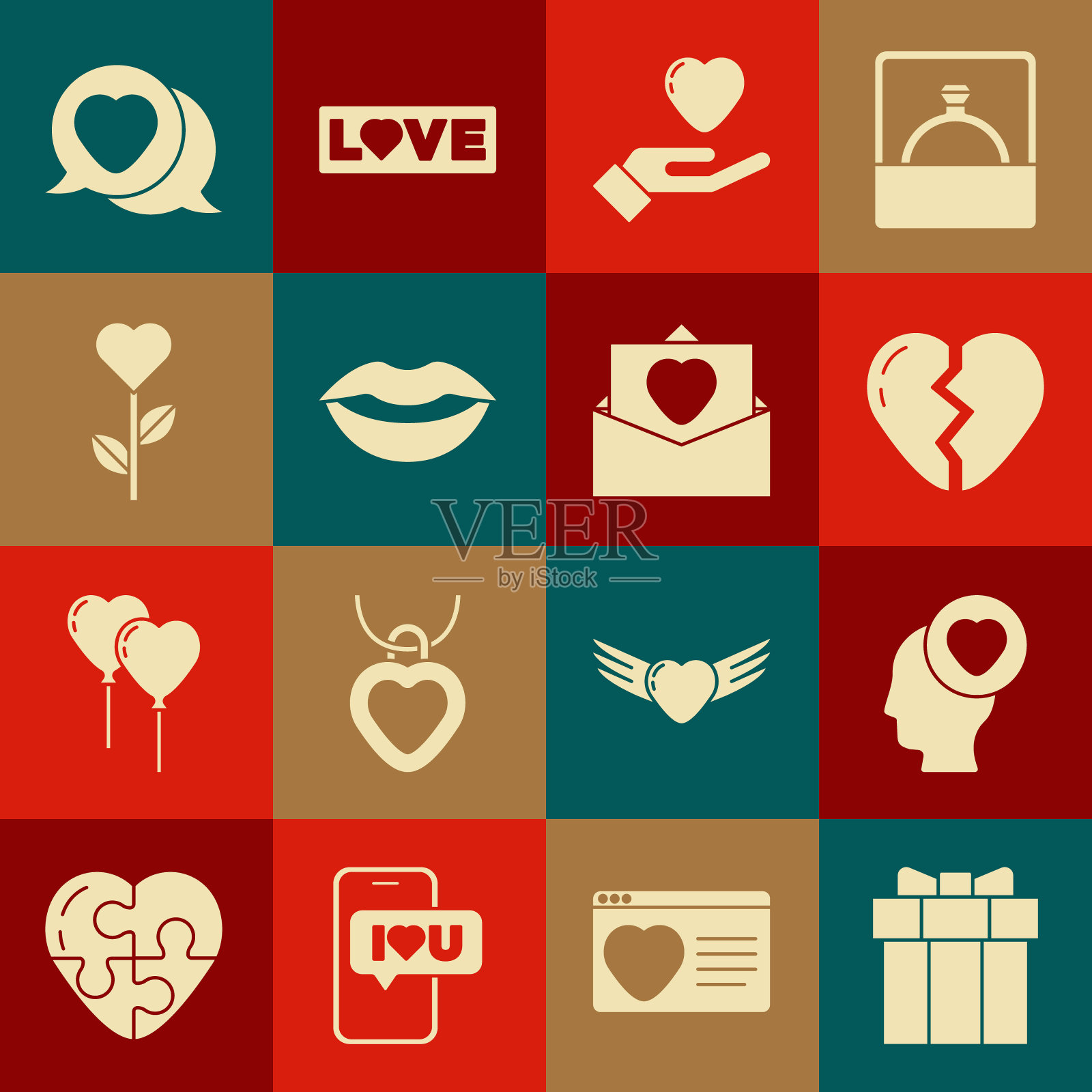 集礼盒,头与心,破碎,心在手,微笑的嘴唇,形状花,言语泡沫和信封情人节图标。向量插画图片素材