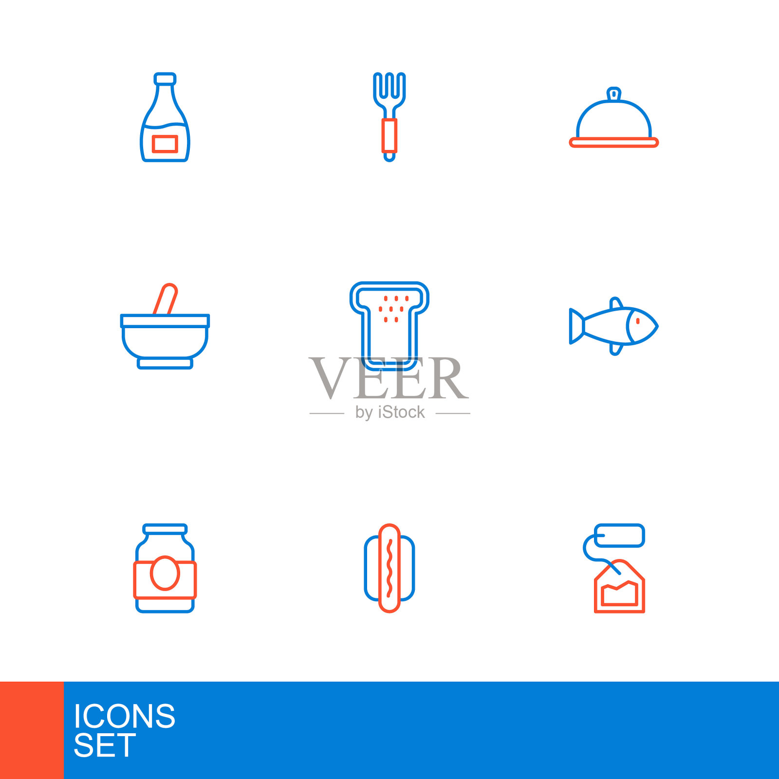 集线茶包,热狗,果酱罐,鱼,臼和杵,面包吐司,覆盖着食物和叉子的托盘图标。向量插画图片素材