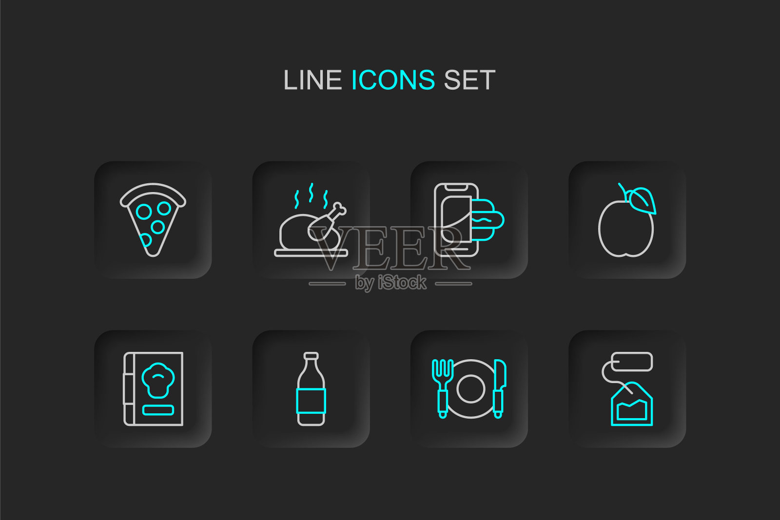 设置线茶包,盘子,刀叉,葡萄酒,食谱,李子水果,移动订购食品,烤火鸡肉和切片披萨图标。向量插画图片素材