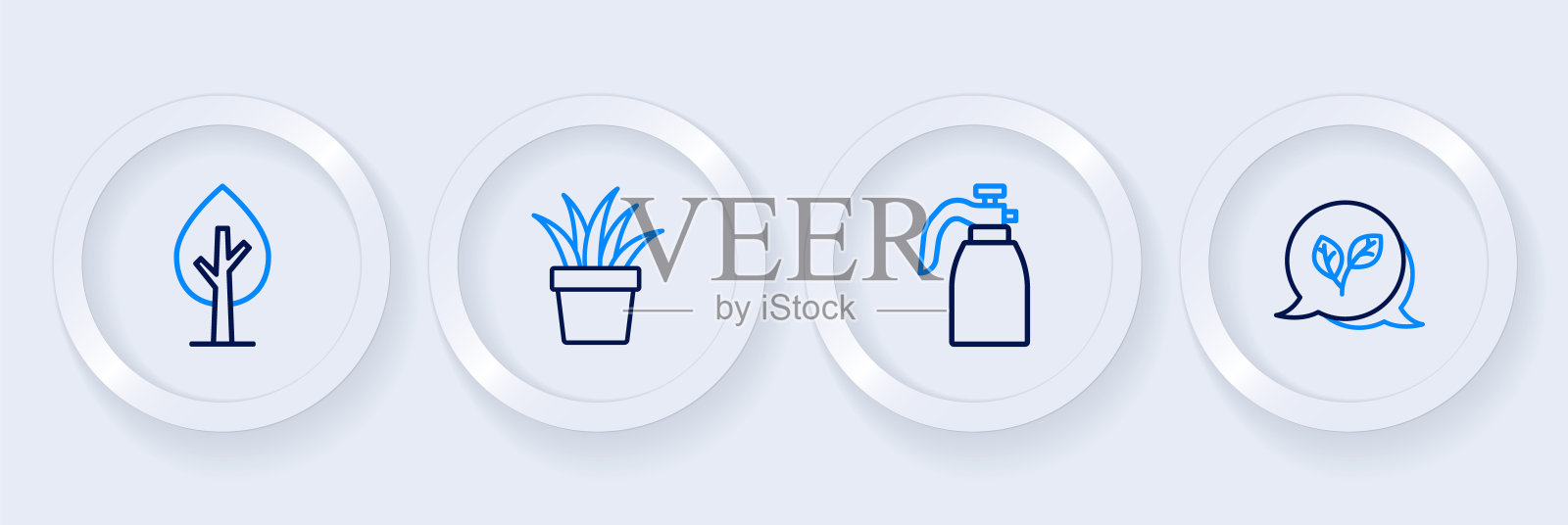 设置线叶子,花园喷雾器的水,植物在锅和树的图标。向量插画图片素材