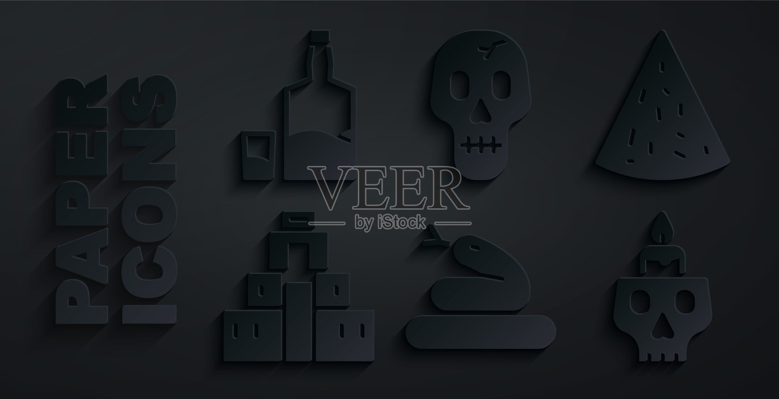 集蛇,玉米片,奇琴伊察在玛雅,燃烧的蜡烛上的头骨,头骨和龙舌兰酒瓶玻璃图标。向量插画图片素材