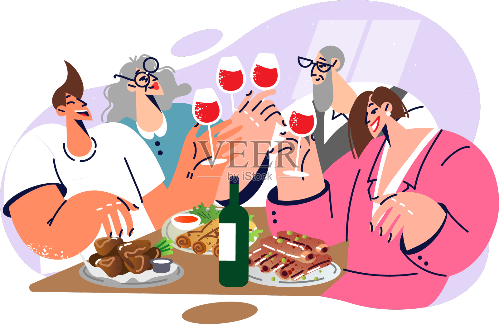 大家庭的节日盛宴,美酒和设计元素图片