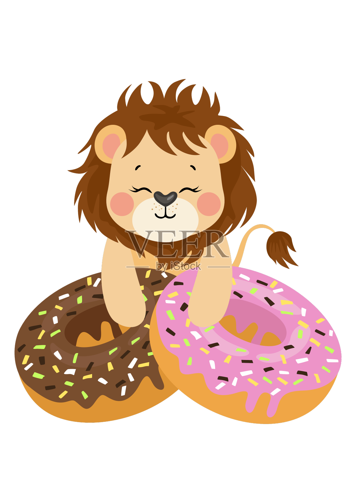 有草莓和巧克力甜甜圈的搞笑狮子设计元素图片