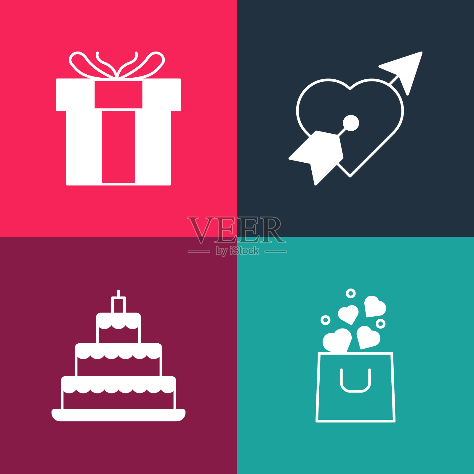 集流行艺术购物袋与心,婚礼蛋糕,爱情和箭头和礼盒图标。向量插画图片素材