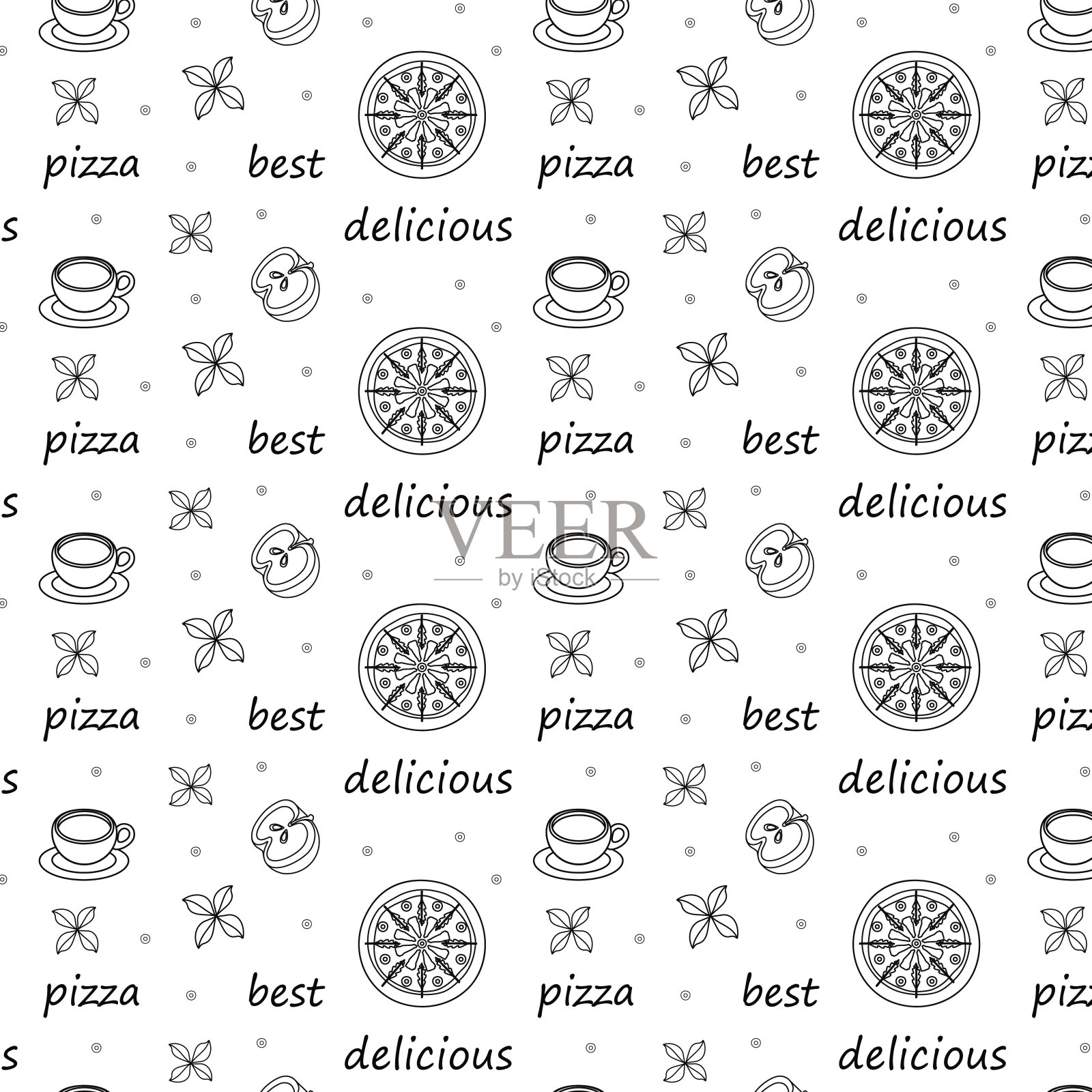 无缝图案与铭文美味最好的肉披萨罗勒白色轮廓在棕色背景插画图片素材