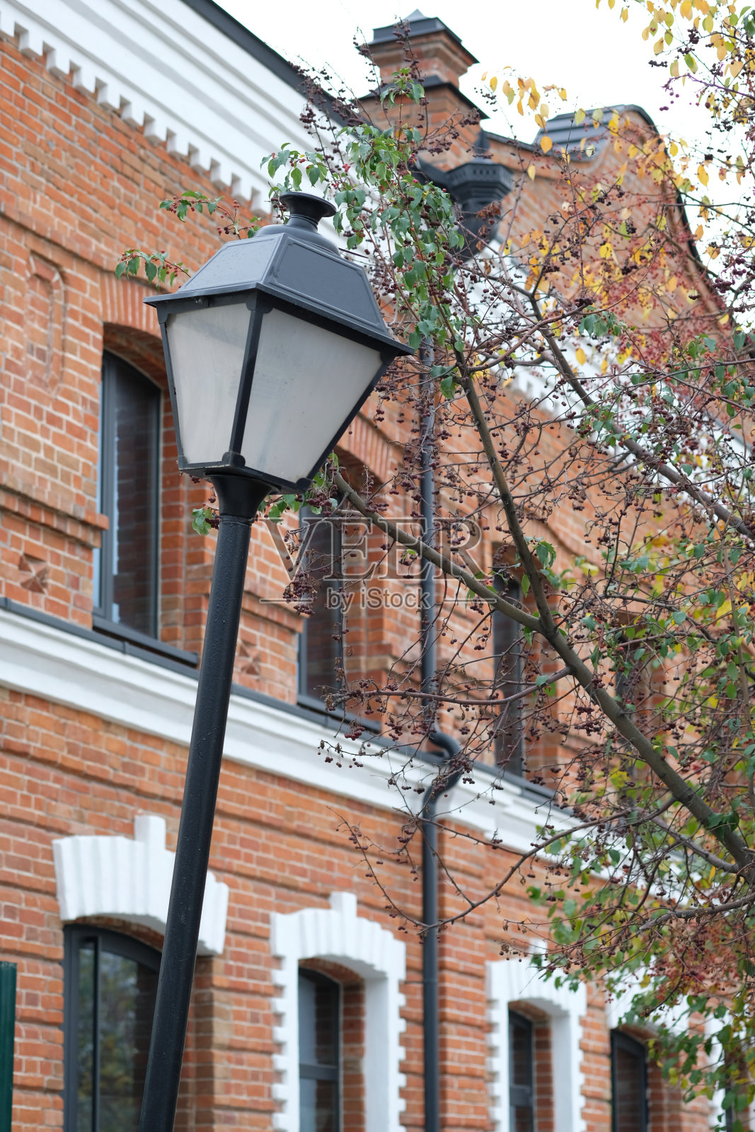 大楼附近的黑色弧形路灯照片摄影图片