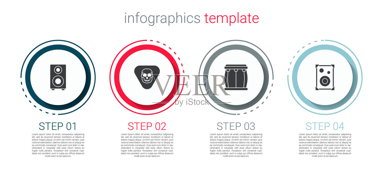 设置立体声扬声器,吉他拨,鼓和。业务信息图表模板。向量插画图片素材