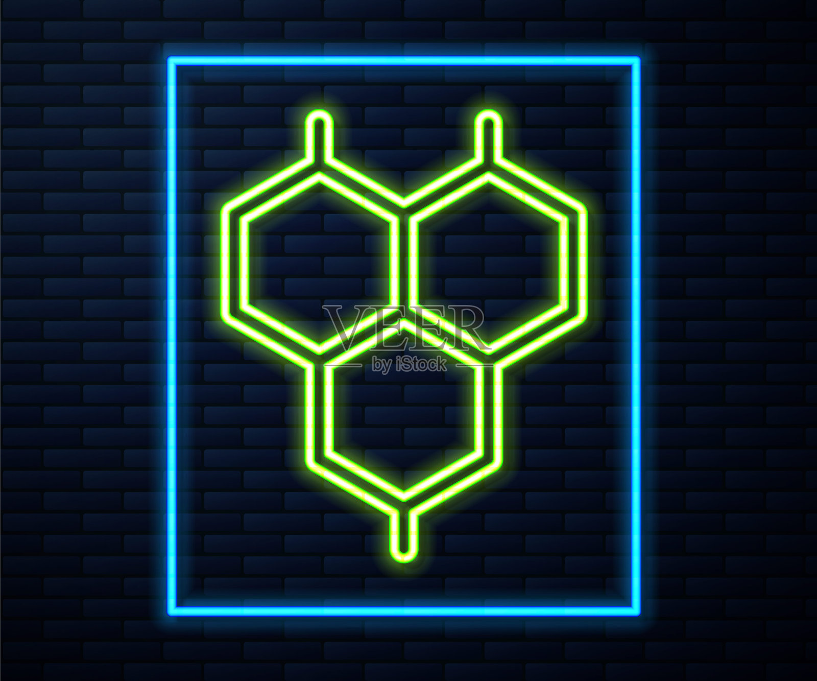 发光的霓虹灯线化学配方图标隔离在砖墙背景。摘要六边形为创新医学、健康、研究和科学。向量插画图片素材