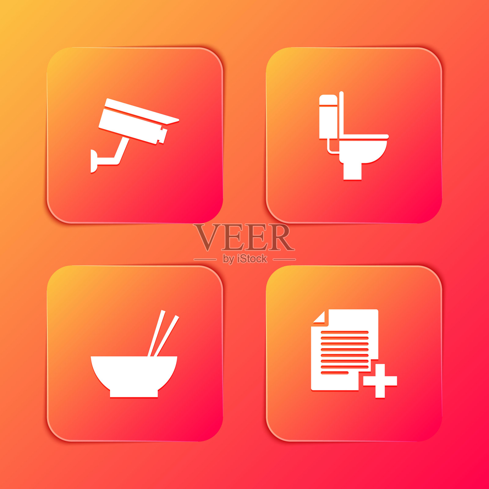 设置安全摄像头,马桶,带筷子的碗和添加新文件图标。向量插画图片素材