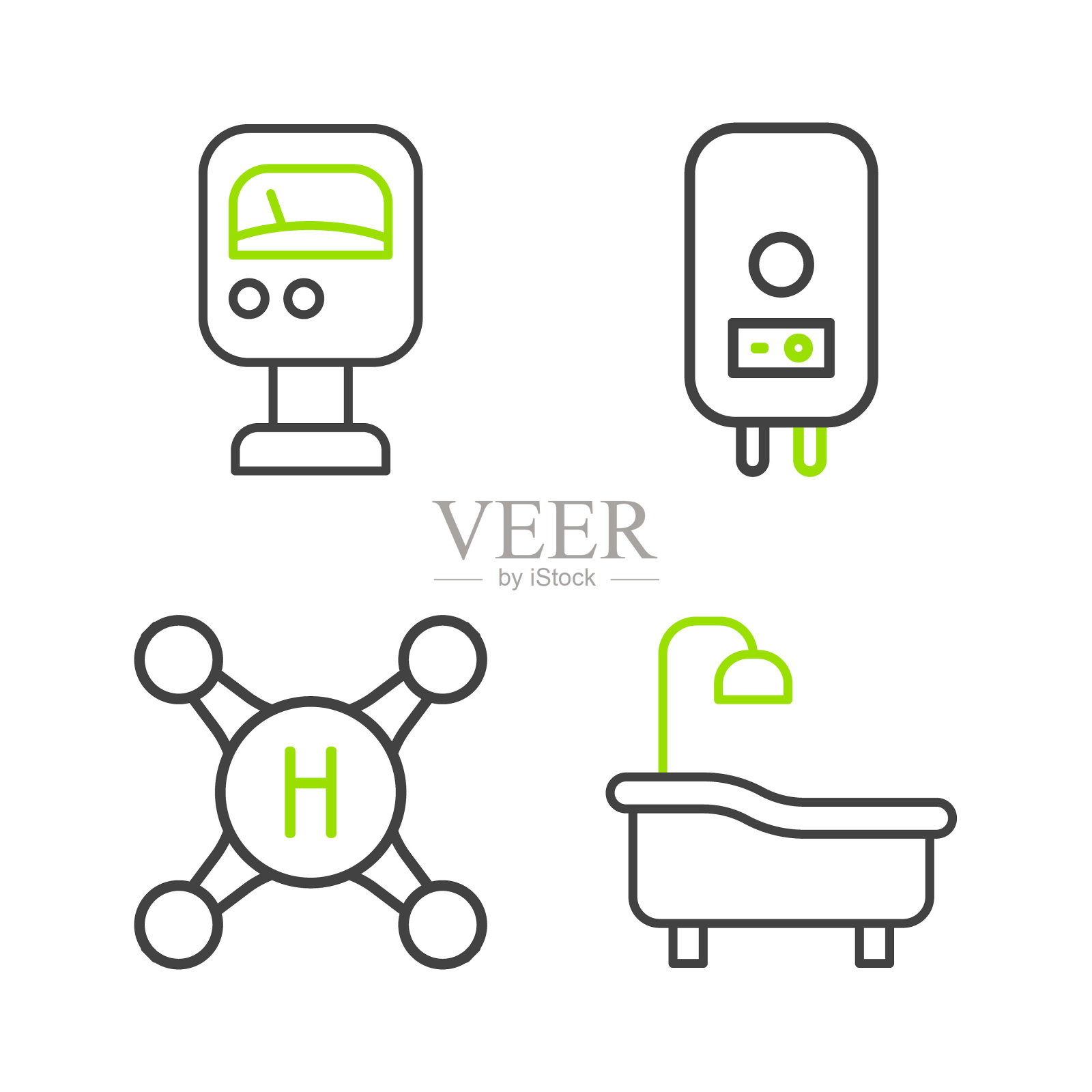 设置浴缸,水龙头,电锅炉和压力水表图标。向量插画图片素材