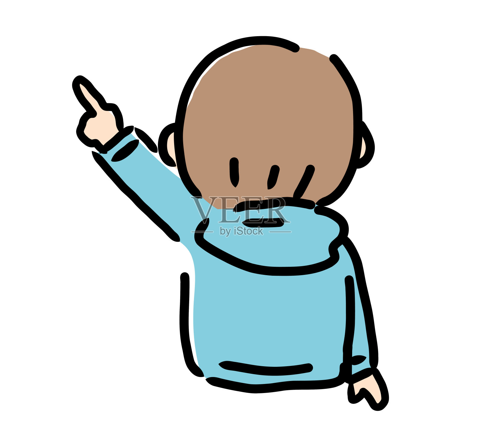 一个男孩指着并解释的后视图插画图片素材