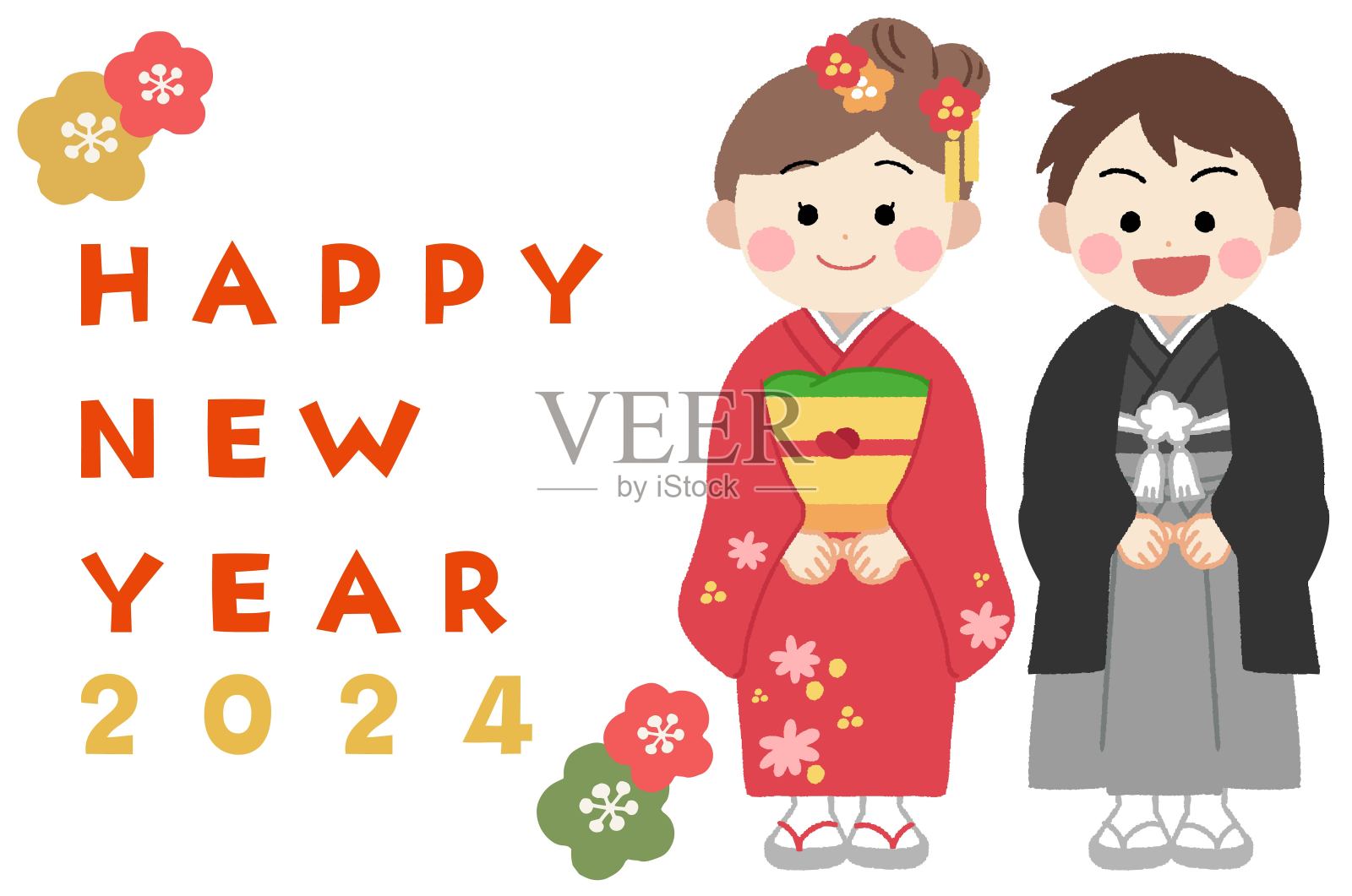一个小孩子穿着和服庆祝新年的插图插画图片素材