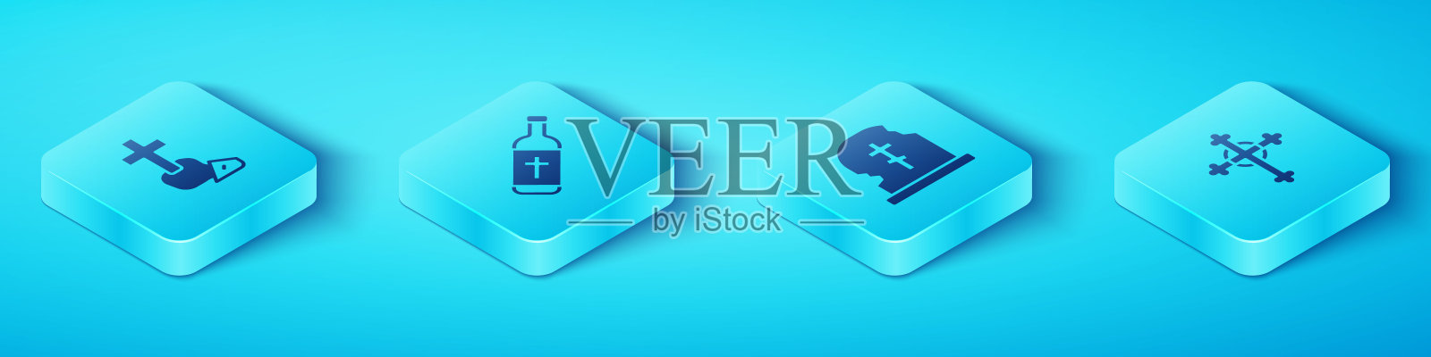 集等距基督教十字架,圣水的瓶子,和坟墓与墓碑图标。向量插画图片素材