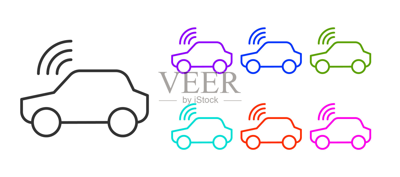 智能汽车系统与无线连接图标隔离在白色背景。遥控汽车。设置图标彩色。向量插画图片素材