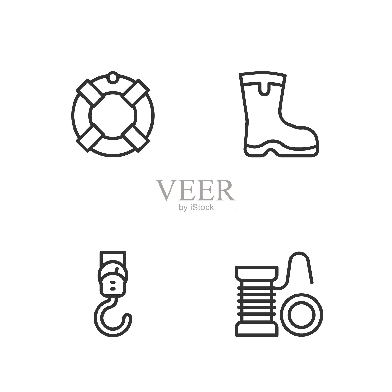 设置线纺纱卷轴钓鱼,弹簧规模,救生圈和钓鱼靴图标。向量插画图片素材