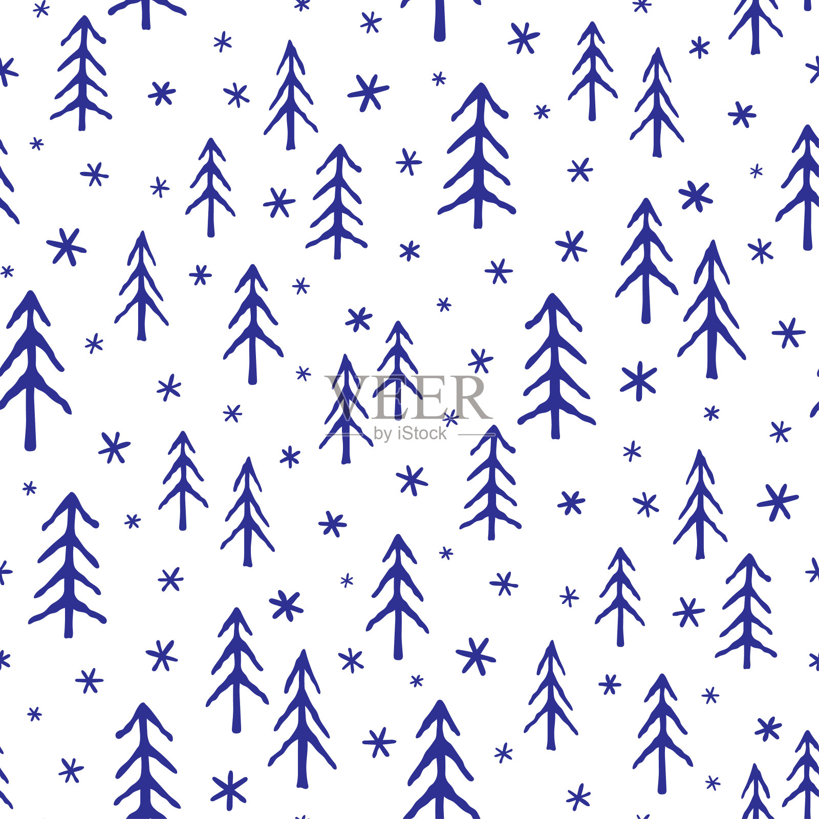 白色的背景上点缀着蓝色的小圣诞树和雪花。可爱的单色假日无缝图案。矢量简单的平面图形手绘插图。纹理。插画图片素材
