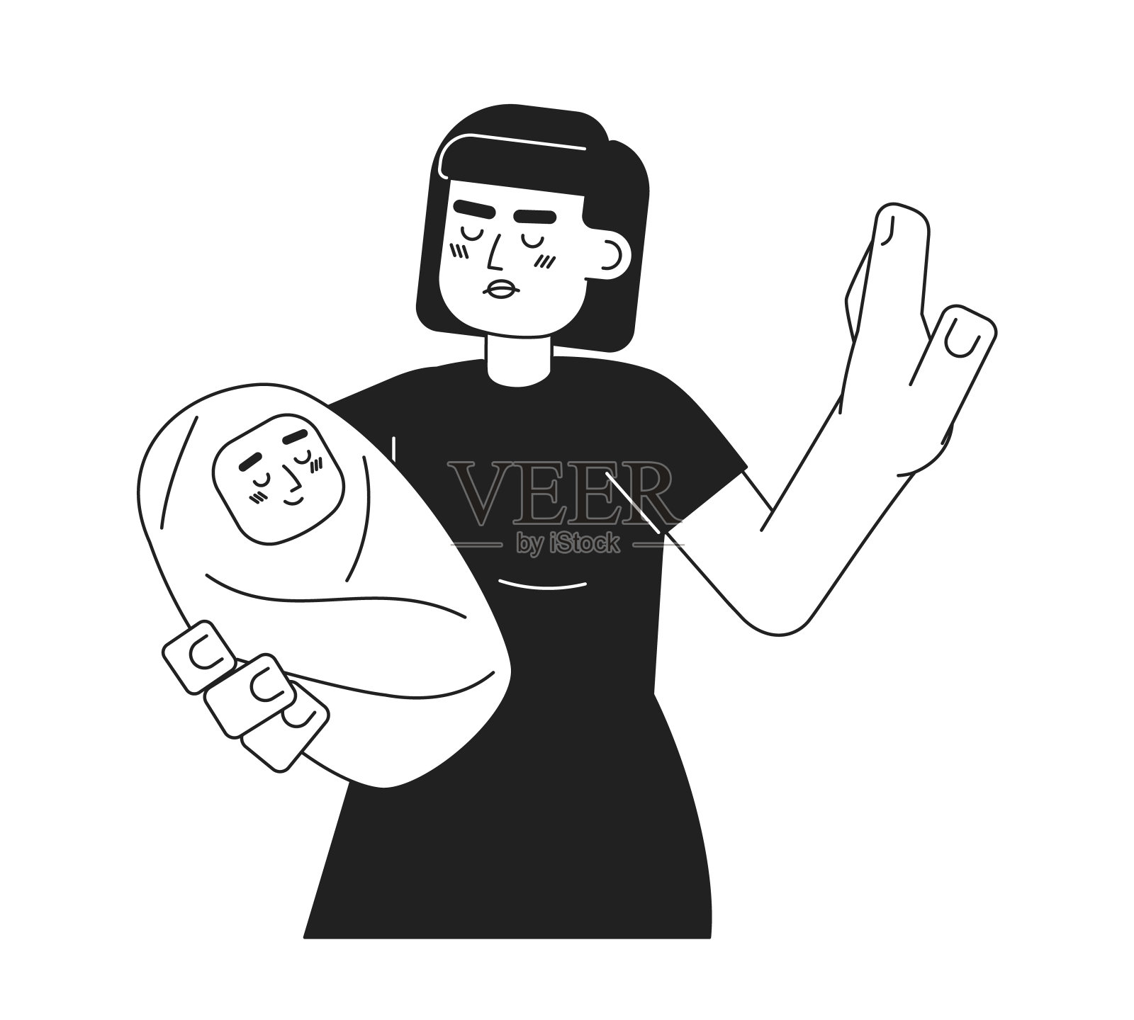 愤怒的亚洲妇女抱着婴儿单色平面矢量字符插画图片素材