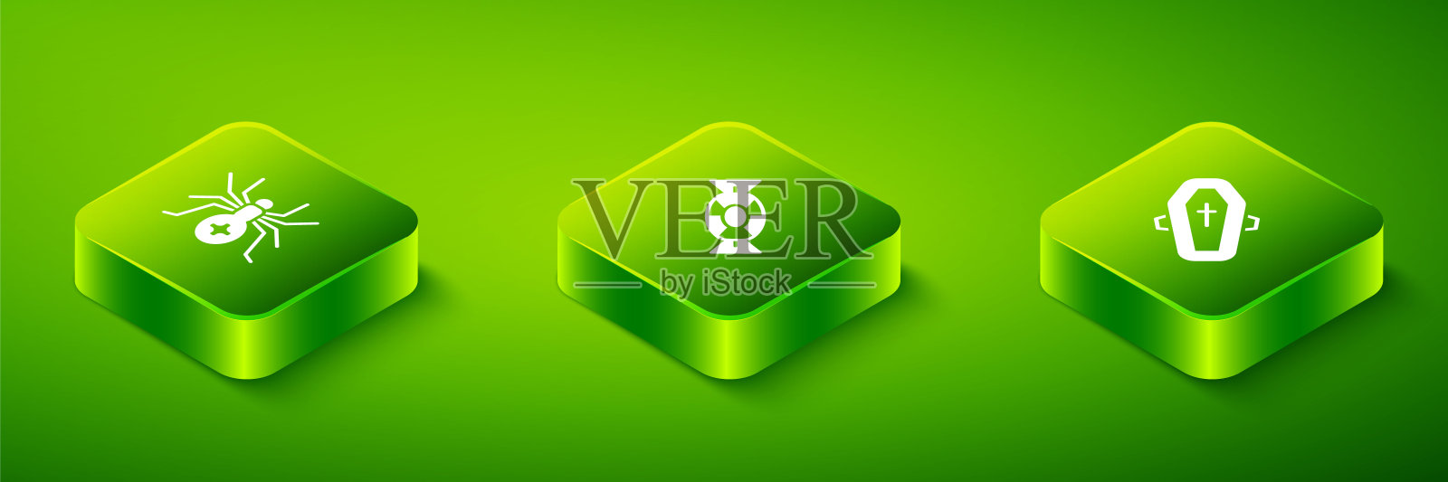 设置等距糖果,棺材与十字和蜘蛛图标。向量插画图片素材