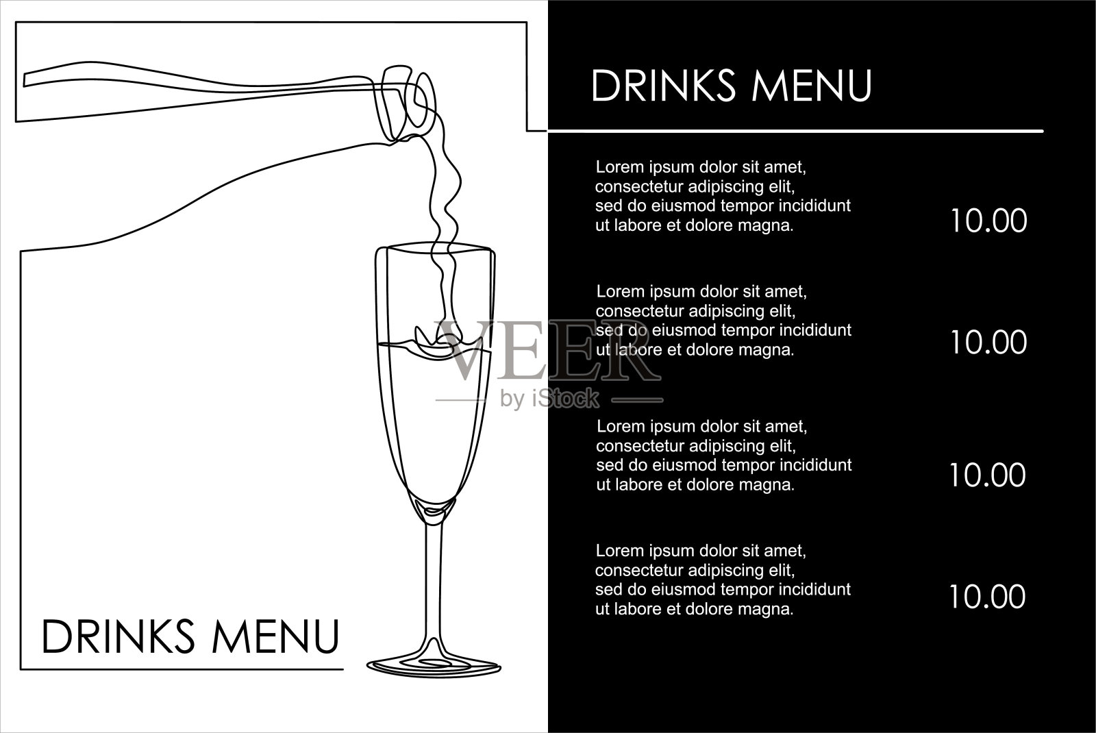 饮料菜单。连续的一条线绘制瓶子和玻璃杯。插图引用模板。可用于标志,横幅,小册子,传单,宣传册插画图片素材