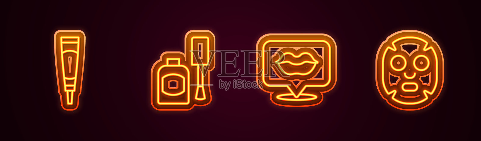 套装线面霜或乳液化妆管,指甲油瓶,微笑嘴唇和面膜。发光的霓虹灯图标。向量插画图片素材